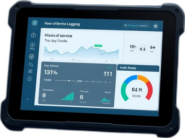 X3 HOS live Hours-of-Service clocks on a rugged ELD tablet